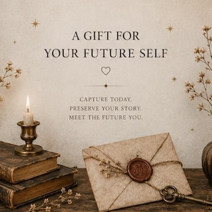 Op de afbeelding: Een beige achtergrond met de tekst A GIFT FOR YOUR FUTURE SELF, CAPTURE TODAY, PRESERVE YOUR STORY, MEET THE FUTURE YOU. De afbeelding toont twee gestapelde antieke boeken, een brandende kaars in een koperen houder, een verzegelde envelop en een sleutel.
