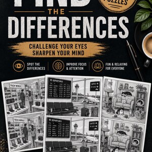 May include: A printable PDF activity sheet featuring 20 find the differences puzzles. The black and white pages display illustrations of tech stores, airport departure lounges, and rooms filled with cats, with text including Find the Differences.