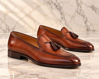 Handmade Cognac Leather Tassel Loafers for Men, Classic Slip-On Dress Shoes