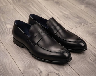 Men's Black Leather Penny Loafers –Handmade Dress Shoes
