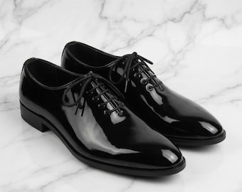 Schwarze Oxford-Schuhe aus Leder für Herren, handgefertigte, glänzende Business-Schuhe