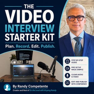 May include: A digital product cover titled The Video Interview Starter Kit: Plan. Record. Edit. Publish. It features a person in a blue suit and tie, a laptop, a teleprompter, and a microphone. Text includes Step-by-Step Guide and By Randy Competente.