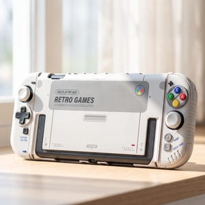 May include: A handheld gaming controller in a light grey and white colour scheme. The device features a central panel labelled "IINE PLAY MY WAY RETRO GAMES," a black directional pad, white analogue sticks, and four coloured action buttons labelled A, B, X, and Y.