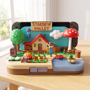May include: A Stardew Valley themed gaming console dock featuring a miniature farm scene with a house, a scarecrow, a pumpkin, crops, a pond with a duck, a large red mushroom, and a tree. The base includes a small label with the text Non-Fossil.