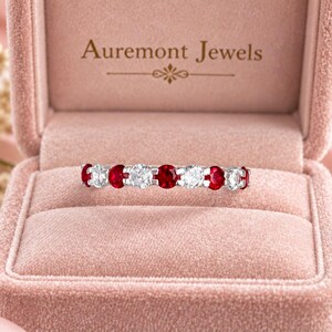 Lab Grown Ruby and Moissanite Ring, Red Ruby Eternity Band, Sterling Silver Wedding Ring, Customizable Anniversary Minimalist Gift Ring