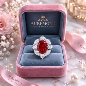 Anel com rubi vermelho real cultivado em laboratório e halo de moissanita - Presente perfeito para a mãe - Anel de rubi artesanal - Anel de noivado - Presente ideal para ela