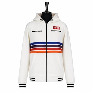 May include: A white zip-up hoodie featuring a black front zipper, a hood with drawstrings, and ribbed cuffs with black stripes. The chest displays a red rectangular patch with the text PHM and horizontal blue, purple, red, and orange stripes.