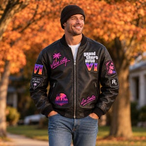 Grand Theft Auto Black Faux Leather Bomber Jacket, Patchwork Varsity Jacket, Vintage Retro Streetwear Coat, Graphic Biker Jacket for Men