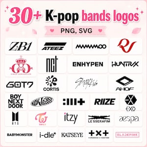 Op de afbeelding: Een digitale verzameling van meer dan 30 K-pop bandlogo's in een raster. De afbeelding bevat zwarte en roze tekst met 30+ K-pop bands logos, PNG, SVG. De logo's omvatten ZB1, ATEEZ, MAMAMOO, Red Velvet, Girls' Generation, NCT, ENHYPEN, Stray Kids, GOT7, EXO, BTS, TWICE, ITZY, LE SSERAFIM, aespa, BABYMONSTER, (G)I-DLE, KATSEYE, TXT en BLACKPINK.