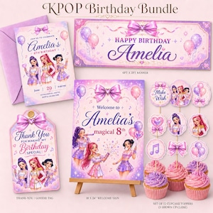 KPOP födelsedagsfestpaket, redigerbara Canva-mallar (digital nedladdning)