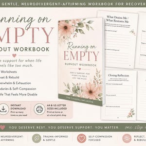 以下が含まれることがあります： 「Running on Empty」というタイトルのバーンアウト・ワークブック。花柄のアクセントが施された34枚のガイド付きワークシートが含まれています。ページには、振り返り、日々の計画、メモのためのセクションがあり、セージグリーンとピンクの柔らかな色調で構成されています。