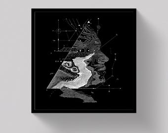 May include: Black framed art print with a white line drawing of a human profile and geometric shapes. A triangle and various lines and dots create an abstract design. The artwork has a modern, minimalist aesthetic.