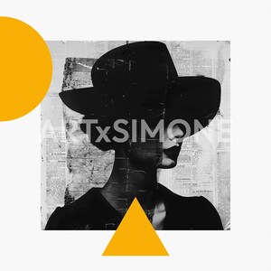 May include: Black and white art print featuring a woman wearing a wide-brimmed hat. The image is overlaid on a newspaper background with a yellow circle and triangle. The text "ARTxSIMONE" is visible.