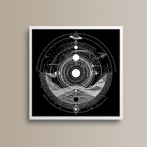 Arte digital de montañas cósmicas, impresión mural de geometría sagrada 1x1, paisaje galáctico en blanco y negro, arte espacial espiritual, descarga digital