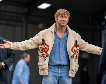 Project Hail Mary Sweater, Ryan Gosling Fox Cardigan, Chunky Wool Zip Sweater, Retro Shawl Collar Knit, Mary Maxim Style, Gift for Him Her