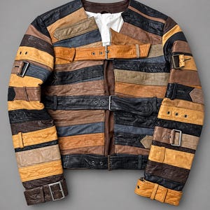 May include: A jacket constructed from horizontal strips of leather in shades of black, brown, tan, and blue. The garment features a collarless neckline, a white inner lining, and multiple adjustable straps with metal buckles across the front and sleeves.