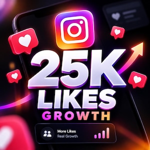 May include: A digital graphic featuring the Instagram logo above the bold white text 25K LIKES GROWTH. Floating red notification icons with white hearts surround the text, set against a dark background with a small interface panel.