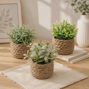 May include: Three small artificial green plants potted in round containers wrapped in thick tan jute rope. The plants feature dense, rounded leaves in varying shades of green, arranged in a cluster on a light-coloured wooden surface.