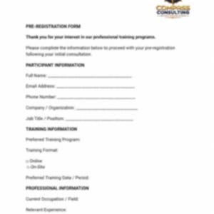 Peut inclure: Un formulaire de pré-inscription blanc pour Compass Consulting avec un logo de boussole bleu foncé et doré en haut. Le document comprend des sections pour les informations du participant, les détails de formation avec des cases à cocher pour en ligne ou sur site, et les informations professionnelles.