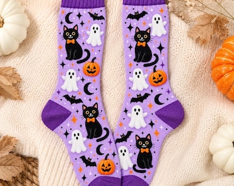 Womens  Halloween Cats and Ghosts Socks | Crew Socks
