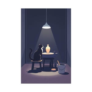 May include: A black and white cat sits on a small stool next to a pottery wheel with a light-colored vase. A pendant light illuminates the scene from above, casting a bright beam onto the wheel, while a bucket with a tool sits on the floor.