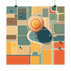 May include: A square wall art print featuring a top-down aerial view of a landscape with geometric fields in shades of orange, yellow, blue, and green. A hot air balloon with orange and white concentric circles floats above a dark blue pond.