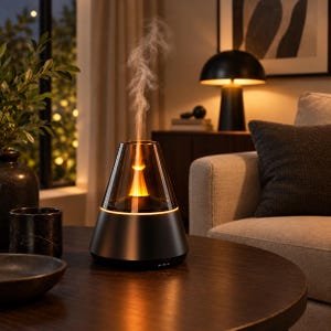 May include: A conical essential oil diffuser with a matte black base and a translucent dark glass top. The device emits a vertical plume of mist illuminated by an internal orange light, creating a flame-like effect within the glass chamber.