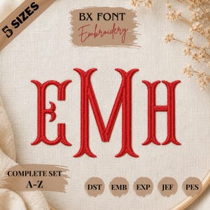 Puede incluir: Un diseño de bordado digital con las letras de monograma rojas EMH en una fuente serif. El texto incluye 5 SIZES, BX FONT Embroidery, COMPLETE SET A-Z y los formatos de archivo DST, EMB, EXP, JEF, PES sobre un fondo de tela clara.