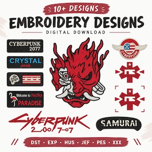 Puede incluir: Una colección de diseños de bordado digitales que incluye una máscara de samurái robótica roja y negra, varios parches rectangulares con texto como Cyberpunk 2077, Crystal Jock y Welcome to Pacifica Paradise, además de un logo rojo de Cyberpunk.