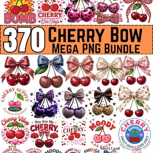 Op de afbeelding: Een digitale collectie van 370 kersen- en strik-grafische ontwerpen met diverse stijlen, waaronder luipaardprint, bloemmotieven, patriottische thema's en tekstelementen zoals Cherry Bomb, Cherry Vibes en Sweet Land of Liberty.