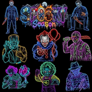 Puede incluir: Un diseño gráfico con ilustraciones estilo neón de personajes de películas de terror, incluyendo a Michael Myers, Frankenstein, Pennywise, Jason Voorhees, Chucky y Freddy Krueger, con el texto Spooky Season en una fuente brillante.