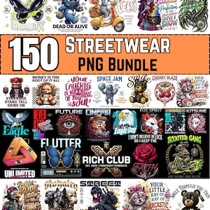 Può includere: Una collezione digitale di 150 design grafici streetwear con diverse illustrazioni tra cui orsi, animali, farfalle, teschi e slogan testuali. Il pacchetto mostra vari motivi artistici colorati e ad alto contrasto.