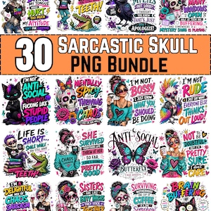 Puede incluir: Una colección digital de 30 diseños gráficos con calaveras, esqueletos, animales y personas con textos sarcásticos coloridos. Las ilustraciones utilizan tonos vibrantes de rosa, azul y morado, incorporando elementos como mariposas, flores y tazas de café.