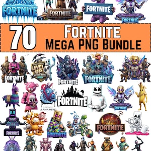Op de afbeelding: Een digitale collectie van 70 Fortnite Mega PNG bundle afbeeldingen met diverse gamepersonages, waaronder Marshmello, lama's en actiefiguren, weergegeven tegen een oranje achtergrond met de tekst 70 Fortnite Mega PNG Bundle.
