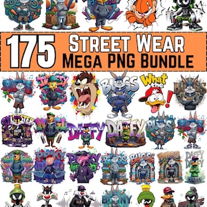 May include: A digital collection of 175 streetwear-themed graphic illustrations featuring cartoon characters like Bugs Bunny, Daffy Duck, Tweety, and Marvin the Martian in urban attire, with bold graffiti-style text and vibrant color palettes.