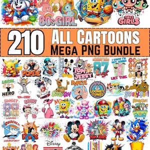 Może przedstawiać: Cyfrowa kolekcja 210 ilustracji postaci z kreskówek zawierająca kolorowe grafiki popularnych animowanych postaci, w tym Myszki Miki, Scooby-Doo, SpongeBoba, Toma i Jerry'ego oraz Sonica, przedstawiona jako pakiet plików typu mega PNG.