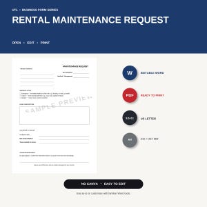 May include: A digital rental maintenance request form template featuring sections for tenant details, urgency level, issue description, and location access. Includes icons for editable Word, PDF, US Letter 8.5x11 inch, and A4 210x297 mm formats.