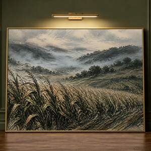 Peut inclure: Une peinture de paysage rectangulaire dans un cadre doré représentant un champ de grands plants de maïs au premier plan, avec des collines, des arbres denses et un ciel brumeux et couvert en arrière-plan, dans des tons de vert, brun et gris.