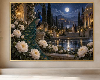 Impressão de Arte em Tela "Pavão no Jardim Iluminado pela Lua"