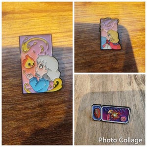 Puede incluir: Un conjunto de tres pines de esmalte rectangulares con personajes animados. Un pin muestra a una persona de cabello claro y camisa azul interactuando con una pequeña llama naranja. Otro representa a una persona mirando hacia un cielo de color rosa.