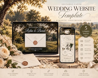May include: An editable wedding website template displayed on a laptop and smartphone screen. The design features a countryside landscape, an envelope with a wax seal, and text including Rabia & Burak. The layout includes five linked pages, an RSVP form, and icons for envelope opening, home, details, our story, and RSVP.