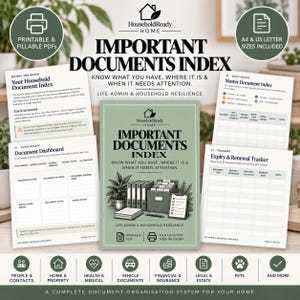 May include: A printable Important Documents Index system featuring a central cover page with a file box illustration, surrounded by document dashboard, master index, and expiry tracker pages. Includes text labels for household organisation.