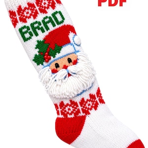 May include: A white knitted Christmas stocking featuring a red and green pattern, the name BRAD in green letters, and a Santa Claus face with a textured white yarn beard. The text 87402 PDF is visible in the upper right corner of the image.