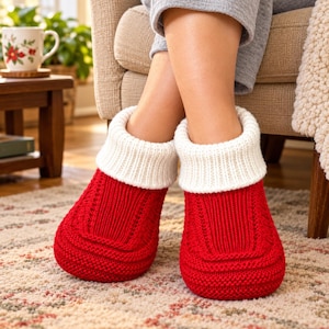 May include: A pair of bright red knit slippers featuring a thick, white ribbed cuff at the ankle. The slippers have a textured, cable-knit pattern on the top surface and a solid, dense knit construction throughout the foot area.