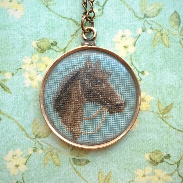 Vintage Horse Necklace - Horse Pendant - Needlepoint Necklace - Petit Point Pendant - Vintage Embroidered Pendant - Horse Jewelry - Horses