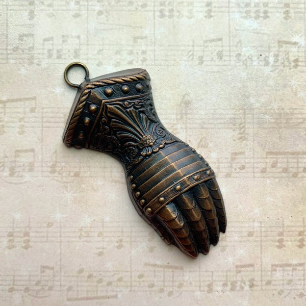 Vintage French Pendant - Medieval Knight Armour - Medieval Pendant - Armoured Glove - Knight Stamping - Gloved Hand Pendant - Knight Pendant