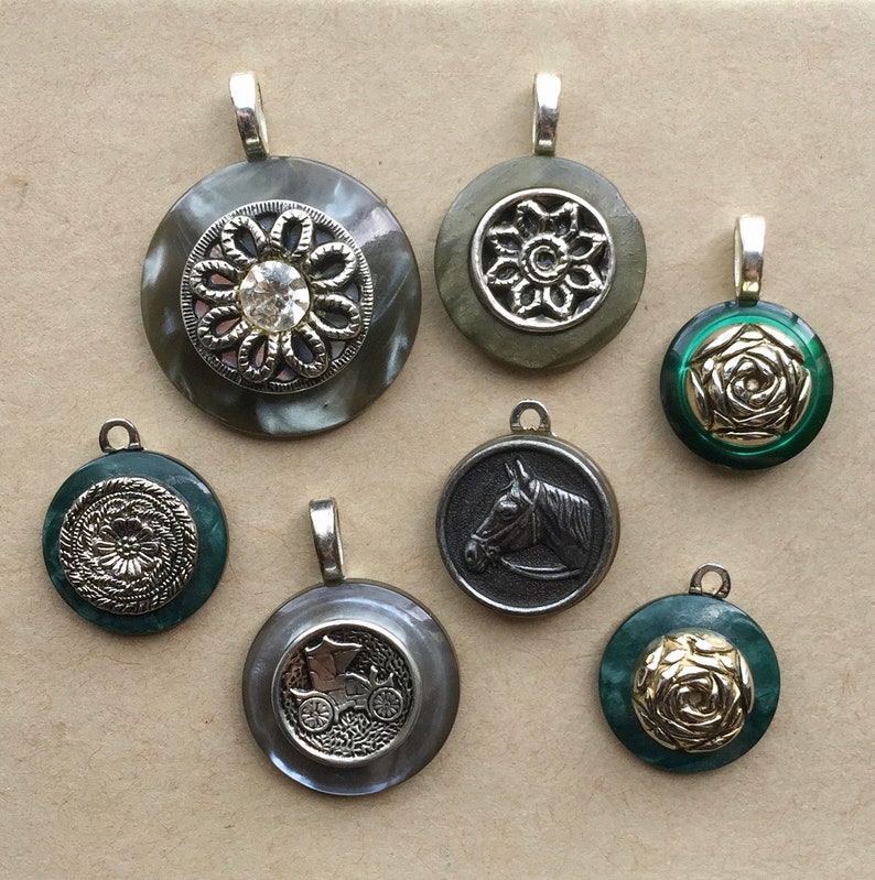 Antique Buttons Jewelry Making Vintage Buttons Button Pendant Lot Button Charm Button Pendant 7 Pcs Vintage Button Pendants