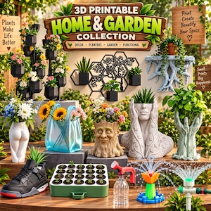 Puede incluir: Una colección de artículos para el hogar y jardín imprimibles en 3D que incluye varias macetas, como un rostro en un tronco, un busto humano, macetas con forma de manos, una maceta de zapatilla, una bandeja de semillero, un aspersor y un jarrón azul.