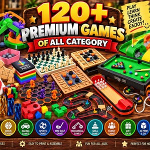 Może przedstawiać: Kolekcja ponad 120 gier premium, w tym szachy, minigolf, stół bilardowy, tor do kręgli, puzzle i różne łamigłówki. Obraz przedstawia kolorowe elementy gier z plastiku i drewna, konstrukcje drukowane w 3D oraz etykiety z tekstem.