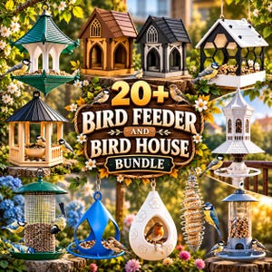 May include: A collection of various bird feeders and bird houses in different shapes, colours, and materials, including wooden, metal, and plastic designs. The central text reads 20+ BIRD FEEDER AND BIRD HOUSE BUNDLE, surrounded by small birds.